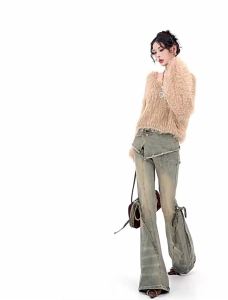 ZHIZOU Winter Women Goblin Core Low Waisted Flare Denim Pants Patchwork Japanese Abi Y2k Harajuku Bell-Bottom Skinny Jean Grunge