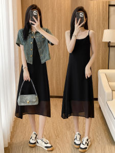 Summer Vintage Short Sleeve Denim Shawl Jacket with Chiffon Halter Long Dress Two Piece Set Women Slim Fit Dress Ensemble