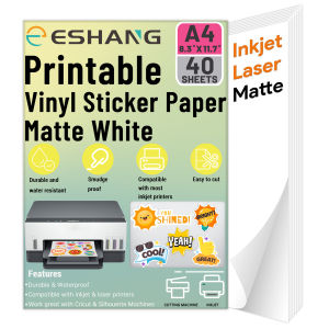 40 Sheets A4(8.3 x 11.7 Inch) Size Printable Vinyl Sticker Paper for Inkjet & Laser Printer Matte White Waterproof Dries Quickl