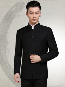 Youth Mens Tailored Suit Set Stand Collar Zhongshan Coat Autumn Winter Formal Wear Slim Fit Host Costume Traditional Chinese Style