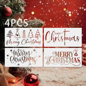 4PCS 5.9–11.8inch Christmas Stencil Set Merry Christmas Tree Letter Painting Templates for Wall Canvas Fabric DIY Craft Decorati