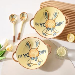 Ceramic Cheese Rabbit Design Rice Bowl Soup Bowl Underglaze Ceramic High Footed Bowl Home Use 5 Inch Bowl Creamy Style