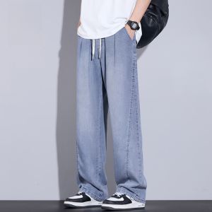ROMON | Romon Mens Casual Wide Leg Jeans Summer Ice Silk Thin Loose Fit Straight Tube Pants Youth Trendy Long Trousers Breathable