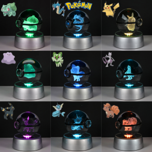 Takara Tomy | Pokemon 3D Crystal Ball Figure Toys Pokeball Mimikyu Bulbasaur Umbreon Pikachu Gengar Sprigatito Model With Led Light Base Dolls