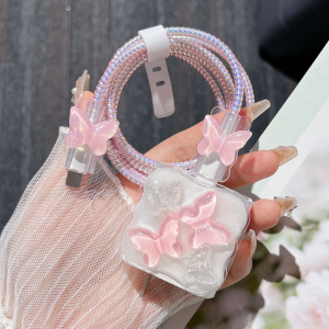 3D Wave 20W Charger Protector Soft TPU Charger Case INS Fashion Glitting Pink Butterfly Cable Protector Compatible for ip 20W 11promax 12 13pro 14promax