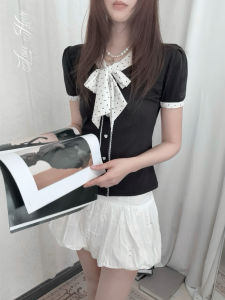 Casper1970 Retro Polka Dot Original Butterfly Knot Bubble Sleeve Patchwork Collar Short Sleeve T-Shirt Womens Summer Top