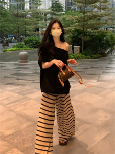 Summer Womens Knitted Stripe Loose Wide Leg Casual Pants Draping Lazy Walking Trousers High Waist Straight Cut Korean Style