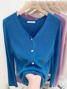 Blue Summer Lightweight Knitted Sun Protection Cardigan V-Neck Ice Silk Shawl Loose Air Conditioning Shirt Short Outerwear