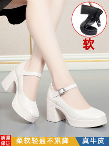 ทันสมัย รองเท้าส้นสูงแพลตฟอร์มกันน้ําส้นหน นุ่ม หนัง รองเท้าเดี่ยวผู้หญิงของแท้ หนัง รองเท้าหัวกลม สีขาว ชุดกี่เพ้า รองเท้า