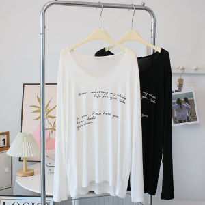 Big Neckline Modal T-shirt Female Easiest for Match Long Sleeves Lettered Casual Tide T Loose Tops Sun Protection Blouse Dancing Dress
