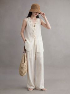 GULILI | Lineny Textural Sleeveless Top and Wide Pants Set Pure Relaxed Retro Womens Clothing