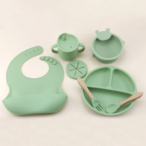 7pcs silicone tableware set baby bib dining plate multifunctional 2-in-1 water cup bowl with suction cup set