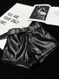 กางเกงขาสั้น PU หนังเงาสีดำ ทรงเข้ารูป กางเกงขายาวสไตล์มอเตอร์ไซค์ พร้อมเข็มขัด ทรงเข้ารูป ทรงเข้ารูป สไตล์สาวฮอต