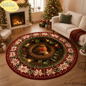 VIKAMA Christmas Round Rug Snowman Gold Bell Design Non Slip Carpet for Bedroom Living Room Washable Soft Festive Home Decor