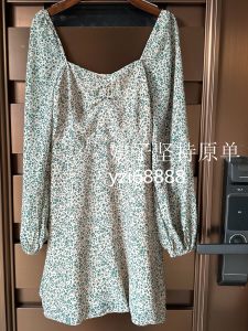 ชุดเดรสทรงเอเอวสูงสไตล์ฝรั่งเศสวินเทจสไตล์ชนบทสีเขียวสดใหม่คอเหลี่ยมลายดอกไม้ กระโปรงทรงเอ ชุดเดรสยาวปานกลาง