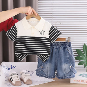 Summer Clothing Sets Fashion Baby Boys Infant Clothes Suits Toddler Infant Kids Striped Cartoon Polo Tshirt+ Denim Shorts Suits