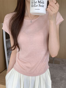 Korean Style Ice Silk Knitted Top Womens Short Sleeve round Neck T-Shirt Waist-Cinching Bellsleeve Summer Design Sense Folded Cap Sleeve