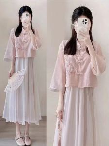 New Chinese Style Embroidered Summer Dress Womens Small Fragrance Style Set Long Silk Georgette Qipao Dress Fashionable
