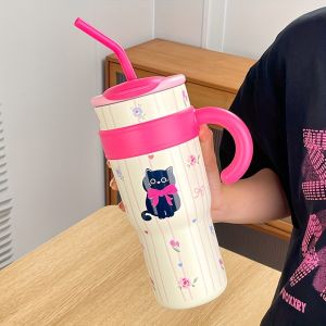 VRIUKNT | 1 PC Cute Cat Insulated Cup Outdoor Travel Portable Large Capacity Ice King Cup 700ML/1200ML Car Cup with Handle and Straw