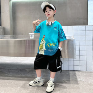 Boys Summer Outfit Set Hip Hop Short Sleeve Thin Two Piece Set Cool Fashionable Middle Large Childrens Clothing Sport Style