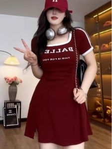 Preppy Style Summer U-Neck Short Sleeve Big Size Womens Dress Sweet Spicy Slimming Waist-Hugging Sporty Short Skirt