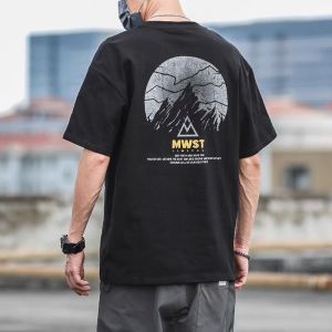 Cotton T-Shirt for Men Short Sleeve Japanese Style Retro Youth Popular Anti-Wrinkle Printed Geometric Pattern Loose Fit Casual Wear for Summer