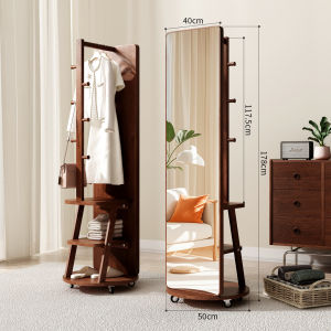 TINGXU | French Retro Style Rotatable Wooden Clothes Rack and Full Length Mirror