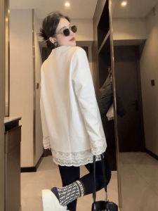 เสื้อยืดคอกลมแขนยาวผ้าลูกไม้หลวมๆ สำหรับผู้หญิง ฤดูใบไม้ผลิและฤดูใบไม้ร่วง เสื้อเชิ้ตชั้นในแบบลำลอง ผ้าฝ้ายแท้ 100%