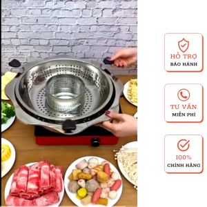 Nồi lẩu xoay inox 2 tầng Hàn Quốc. Nồi lẩu xoay 2 tầng inox không kén bếp dùng được cả bếp từ và bếp gas