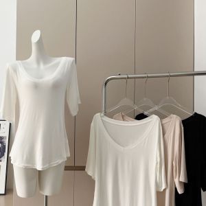 เสื้อยืดคอวีหลวมแขนสั้นผ้าโมดอลสำหรับผู้หญิงในช่วงฤดูร้อน ระบายอากาศได้ดี เสื้อเชิ้ตทรงพอดีตัว สไตล์เกาหลี