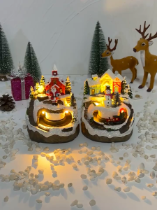 Christmas Village House Rotate Train with Music Luminous House Resin Collection for Living Room Restaurant Festival Christmas Decoration Gift