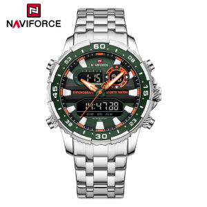 NAVIFORCE Stainless Steel Watch Men Digital Display Sports Watches Green Waterproof Chronograph Clock with Date and Lumious Hands Fashion Casual NF9234