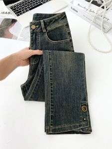 กางเกงยีนส์ทรงตรงสีเทา Conrete สำหรับผู้หญิงในช่วงฤดูร้อนปี 2024 กางเกงขายาวทรงตรงสไตล์ย้อนยุคสำหรับผู้หญิงไซส์เล็ก