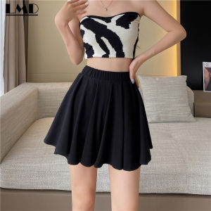 AMMIN กระโปรงทรงเอจีบสไตล์บัลเล่ต์แฟชั่นใหม่ฤดูร้อน2023ฤดูร้อนสไตล์ฉบับภาษาเกาหลีผู้หญิงสีเข้มยืดหยุ่นเรียบง่ายกระโปรงขากว้างดีไซน์มีกระเป๋าผ้ายืดเอวสูง