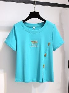 Loose Cotton T-Shirt Womens Short Sleeve Button Design Summer New Style Korean Version White Top Fashionable Split Design