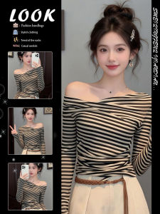 Elegant Striped Off-shoulder Long Sleeve T-shirt