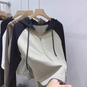 Áo Khoác Cardigan Dài Tay Có Khóa Kéo Áo Thun Nữ Có Mũ Trùm Đầu Thiết Kế Màu Khối Xếp Ly Vai Bộ Sưu Tập Mùa Xuân 2024