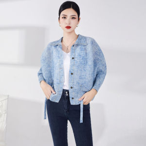 Miyake Pleated Denim Color Coat for Women Loose Slimming Batwing Sleeves Top Idle Style Versatile Cardigan Zsj3337