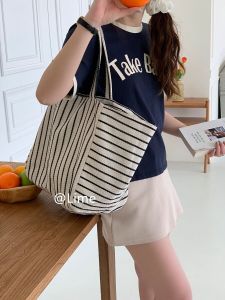 Casual Canvas Tote Bag with Large Capacity Striped Design Fashionable Knitted Summer Tote for Students and Commuters