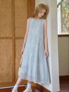 Sky Blue A-Line Long Dress Sleeveless Dyeing
