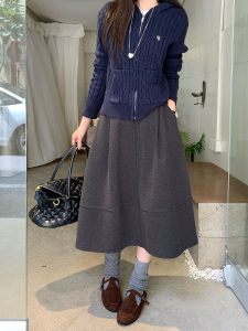 Gray Starry Sky Pattern Woolen Midi A-Line Skirt Korean Style High Waist Slimming Half-length Skirt for Women Citywalk Street Style