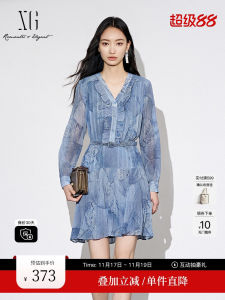 Fashionable Long Sleeve Pleated A-Line Dress with Lace Trim XG Snow Song XJ304019B397 Elegant Commuter Style Polyester Fiber