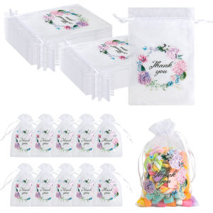 20/40pcs 15x10cm Thank You Letter Organza Bags Mesh Drawstring Gift Bags Wedding Flotal Favors Pack Bags Birthday Party Supplies