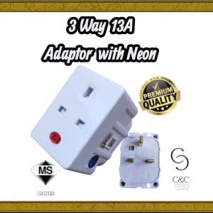SIRIM 13A 3 WAY 3 PIN ADAPTOR WITH NEON 3PIN MULTI ADAPTOR PLUG