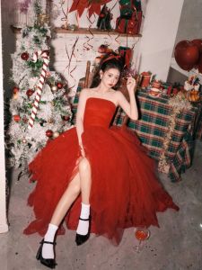 French Style Vintage Prom Gown for 18-25 Year Olds Red Cake Sans Straps Princess Waist Mid Length Long Dress for Special Occasions