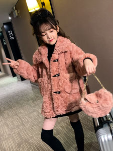 เสื้อโค้ทหนังผสมขนสัตว์สำหรับเด็กผู้หญิง ฤดูใบไม้ร่วง/ฤดูหนาว ใส่ในงานปีใหม่ ขนเทียมหนา ผ้าผสมฝ้าย คอตตอน ปกคอกลม เสื้อคลุมเด็ก