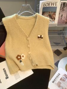 เสื้อกั๊กถักแขนกุดสำหรับผู้หญิง ฤดูใบไม้ร่วง 2023 เสื้อคลุมกันหนาวแบบสั้น ชุดชั้นในสไตล์เกาหลี แฟชั่นสำหรับผู้หญิง