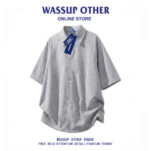 Simple Plaid Short Sleeve Summer Loose Leisure Drawstring Shirt