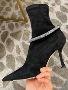 รองเท้าบูทส้นสูงหัวแหลมแบบยืดหยุ่นสำหรับผู้หญิง ฤดูใบไม้ผลิและฤดูใบไม้ร่วง รองเท้าบูทสั้นประดับเพชรฝรั่งเศส รองเท้าส้นเดี่ยวเซ็กซี่สำหรับผู้หญิง