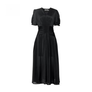 HR | Elegant V-neck Acetate Dress French Bubble Sleeve Slimming Black Long Dress HR High-end Fashionable A-line Gown Summer Wear